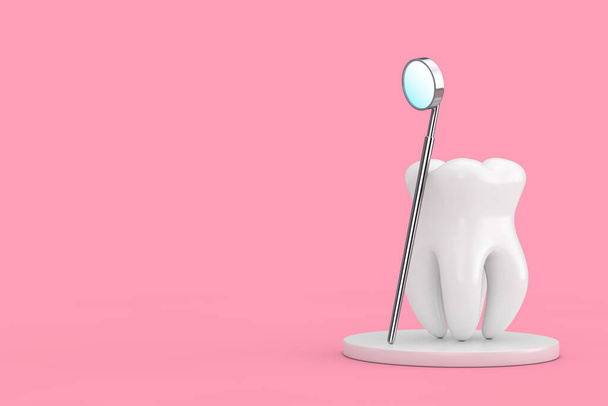 Zubní zdravotní koncepce. Zubní ikona se zubním zrcátkem pro zuby na růžovém pozadí. 3D vykreslování  - Fotografie, Obrázek