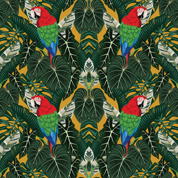 熱帯の葉や花々のシームレスなパターンデザイン - ベクター画像