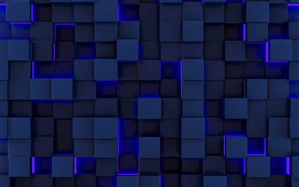 Cubos abstractos y neón brillante, representación 3d. Dibujo digital informático. - Foto, Imagen