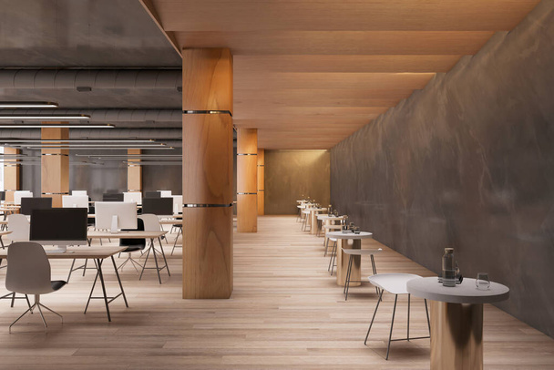 Scandinavian concrete and wooden coworking office interior with equipment, furniture and computer monitors. Design and workplace concept. 3D Rendering - Φωτογραφία, εικόνα
