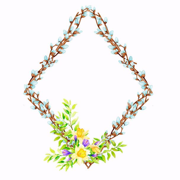 Diamond frame from willow branches decorated with spring flowers. Natural decoration. For the design of greeting cards, wedding invitations, birthday, mother's day, for posters, textiles, labels, logo with place for text. - Fotó, kép