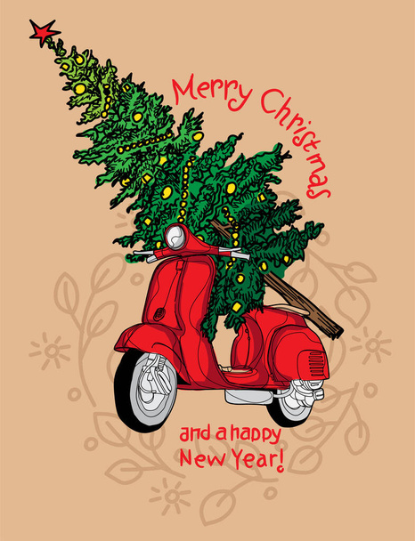 Esbozo vintage de scooter rojo navideño con un árbol de Navidad - Vector, imagen
