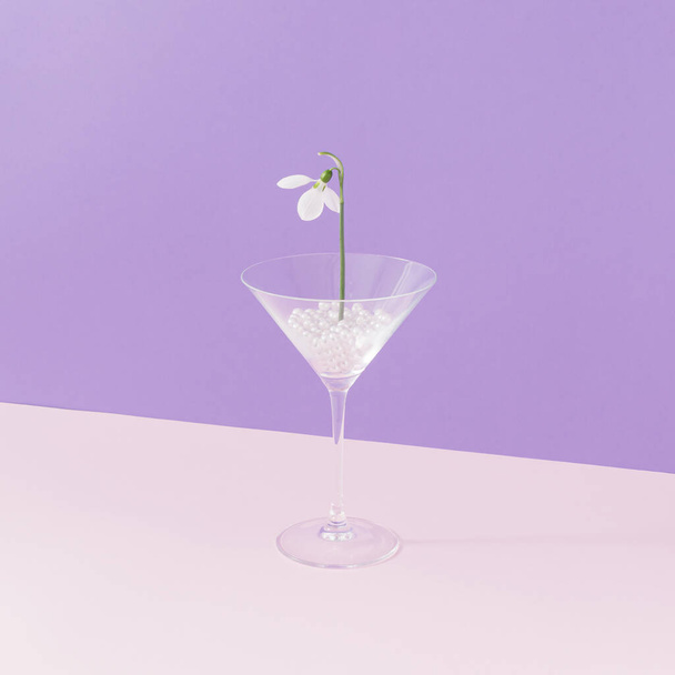 Martini kieliszek koktajlowy z kropli śniegu rośnie z białych pereł na jasnoróżowym i fioletowym tle. Minimalna koncepcja wiosennego kwitnienia. Pomysł twórczej partii. - Zdjęcie, obraz