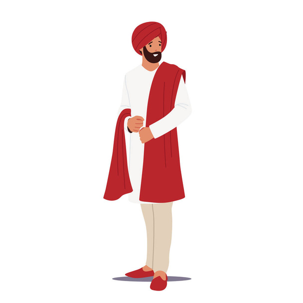 Tradition and Fashion of India Concept. Indian Male Character Wear Traditional Clothes Isolated on White Background - Vector, Image