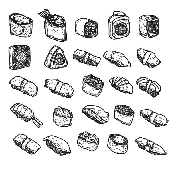 Пищевая японская набор руку рисования и эскиз черно-белый - Вектор,изображение