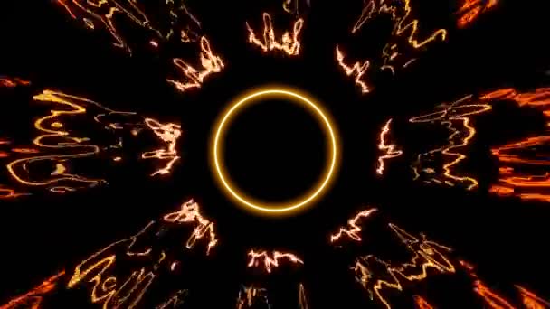 Black background. Design. Bright blots of purple and orange in abstraction that create a pattern with a circle in the center, next to which are iridescent rays of light. - Footage, Video