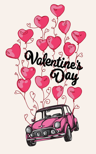 Pink car with many red balloons - Vector, Image