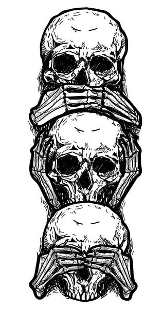 Tatuaje arte sketch cráneo, orejas cerradas, ojos cerrados, boca cerrada blanco y negro - Vector, imagen
