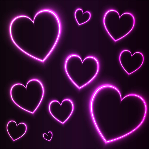 Composition of pink neon hearts on a black background. - Vector, Image