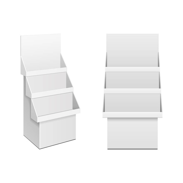 Cardboard Retail Shelves Floor Display Rack For Supermarket Blank Empty. Mock Up. 3D On White Background Isolated. Ready For Your Design. Product Advertising. Vector EPS10 - Vektör, Görsel