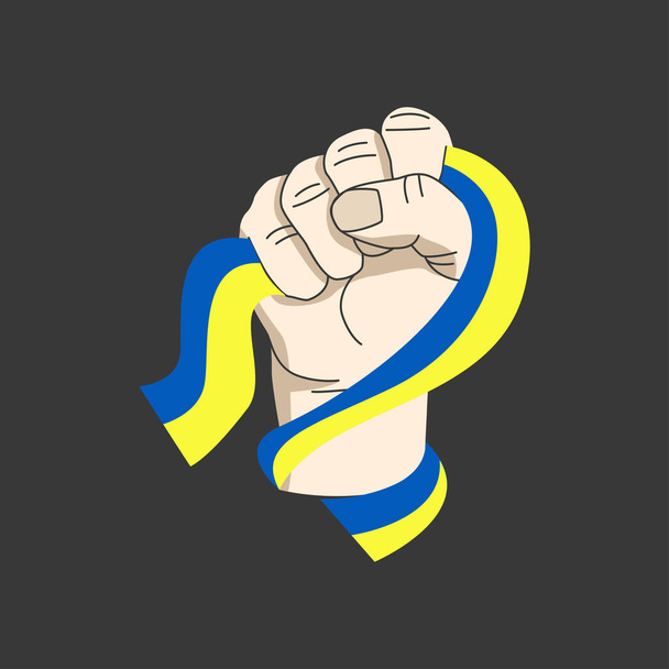 Une main serrée dans un poing tient un ruban aux couleurs du drapeau de l'Ukraine. - Vecteur, image