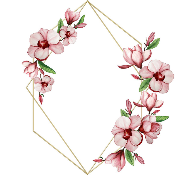 Geometric frame with watercolor flowers. Pink magnolias and golden outline - Fotoğraf, Görsel