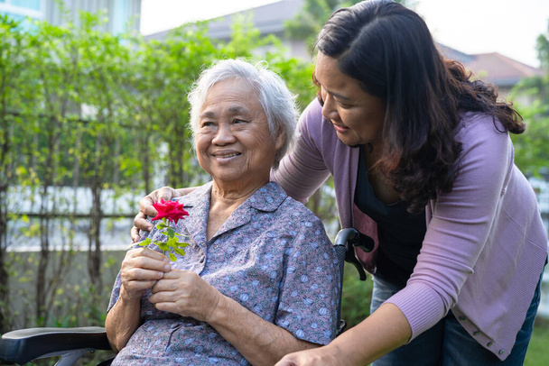 Дочка доглядальниці обіймає і допомагає азіатській старшій чи старшій жінці, яка тримає червону троянду на інвалідному візку в парку.. - Фото, зображення