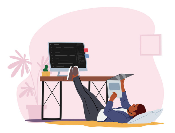 Tired Overworked Worker, Business Character Lying on Floor near Office Desk Looking Movie on Laptop Postpone Work - Vector, Image