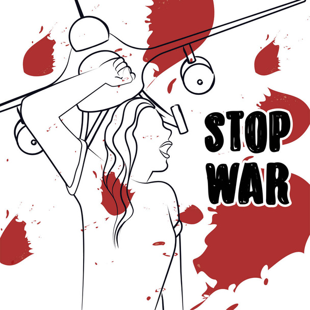Outline of a protesting woman Fighter plane Stop war poster Vector - Вектор,изображение
