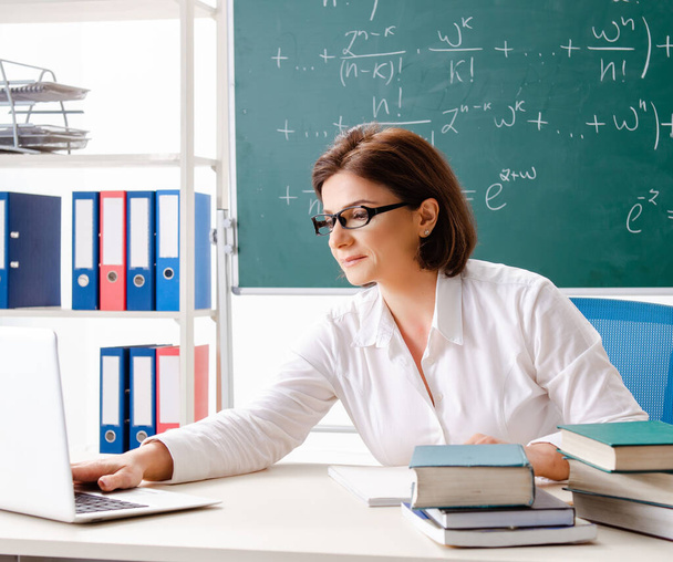 Karatahtanın önündeki kadın matematik öğretmeni. - Fotoğraf, Görsel