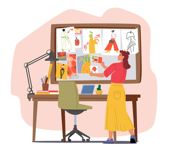 Женский персонаж, дизайнер одежды Выберите цветовую палитру для новой коллекции одежды, женского портного рабочего процесса - Вектор,изображение