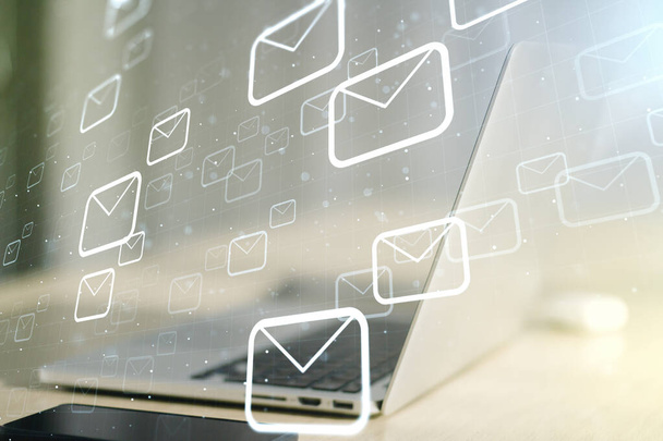 Creative concept of postal envelopes illustration on modern laptop background. Email and communications concept. Multiexposure - Φωτογραφία, εικόνα