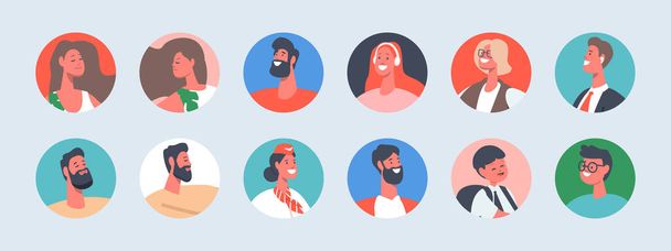 Conjunto de Avatares de Personas, Iconos Redondos Aislados. Personajes masculinos o femeninos con diferente apariencia, estatus social y edades - Vector, imagen