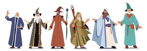 Conjunto de diferentes personagens feiticeiros Use manto longo, capa e chapéu com varinha ou equipe mágica isolada no fundo branco - Vetor, Imagem