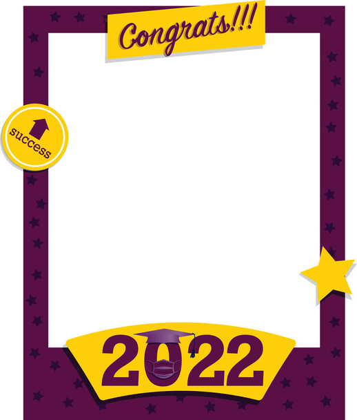 Vektori 2022 valmistunut valokuvakehys viininpunainen ja keltainen korkki ja puku. Onnittelut photoboth ja selfie käsite lopussa lukion tai yliopiston - Valokuva, kuva