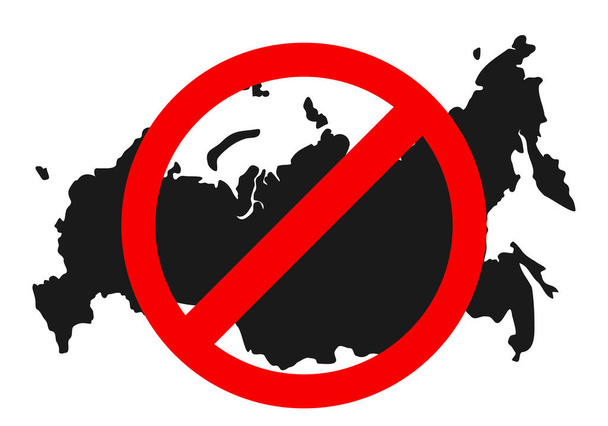 Venäjän federaatioon kohdistetut pakotteet. Venäjä on kielletty. Pysäyttäkää venäläiset hyökkääjät. Punainen kieltävä merkki Venäjän maille. Kielletään venäläisiltä lennot, tavarat ja pankkisiirrot. Valtion romahtaminen - Vektori, kuva