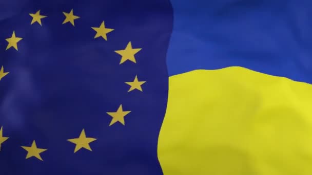 風の中でヨーロッパとウクライナの旗の波のループ。ウクライナの旗の隣にユーロ・ユニオンの旗。ウクライナのEU旗のループの閉鎖。手を振るユーロ記号のビデオ. - 映像、動画