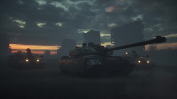 War in the ruined city. Military tanks in the ruined city - Footage, Video