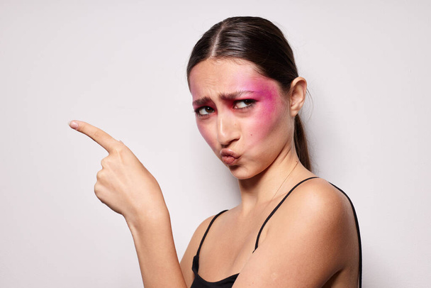 pretty woman pink face makeup posing attractive look light background unaltered - Fotoğraf, Görsel