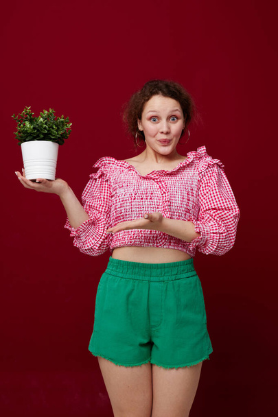 cheerful girl with flower pot posing emotions red background unaltered - Fotó, kép