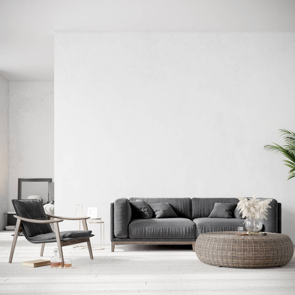 Modern beautiful interior with a white wall, carpet and a stylish sofa. Light Scandinavian design. 3D rendering - Foto, Imagem