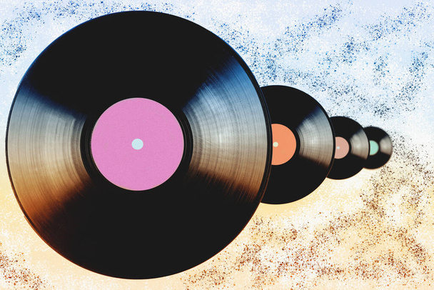 Vintage background with vinyl records on scratchy background with perspective. - Photo, Image