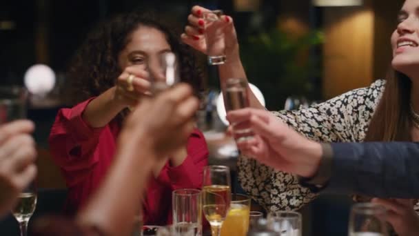 Spaßgruppe trinkt Alkohol in Bar. Multiethnische Freunde entspannen sich und feiern im Café. - Filmmaterial, Video