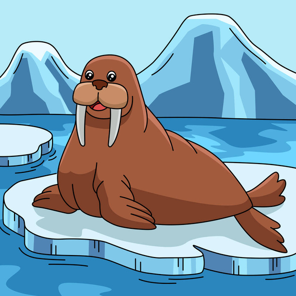 Tricheco su cartoni animati Ice Floe illustrazione colorata - Vettoriali, immagini