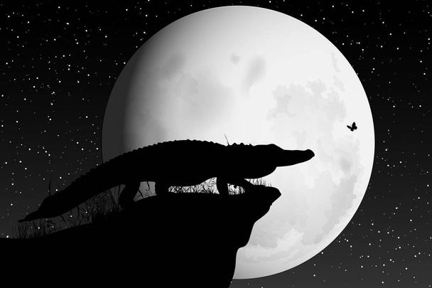 aranyos krokodil és hold sziluett - Vektor, kép
