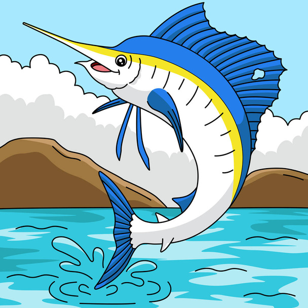 Sailfish Jumping Cartoon Farbige Illustration - Vektor, Bild