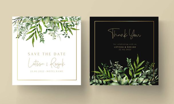 zöld levelek akvarell esküvői meghívó kártya sablon - Vektor, kép