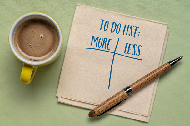 to do list - more or less, handwriting on a napkin with a cup of coffee, planning and goal setting concept - 写真・画像
