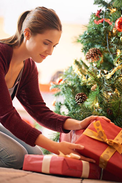 Tämä taitaa olla sinulle. Houkutteleva nuori nainen katselee lahjoja joulukuusen alla.. - Valokuva, kuva
