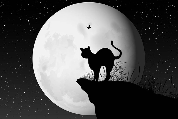 lindo gato y luna silueta - Vector, imagen