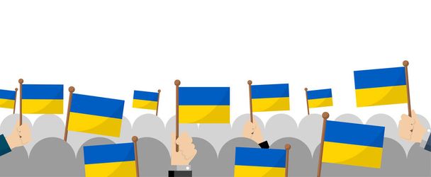 Pessoas segurando as bandeiras nacionais da Ucrânia. Ilustração de banner vetorial - Vetor, Imagem
