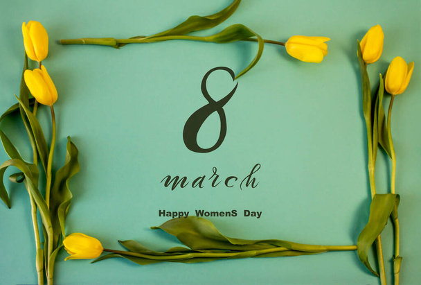 International Women's Day March 8! Flat Lay, banner, greeting card with flowers from March 8. - Photo, image