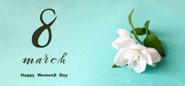 International Women's Day March 8! Flat Lay, banner, greeting card with flowers from March 8 - Фото, изображение