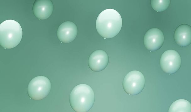 Μπαλόνια γενεθλίων που πετούν για το κόμμα και γιορτές με χώρο για το μήνυμα απομονώνονται σε παστέλ μπλε και πράσινο, λευκό φόντο banner. 3d καθιστούν απεικόνιση. - Φωτογραφία, εικόνα