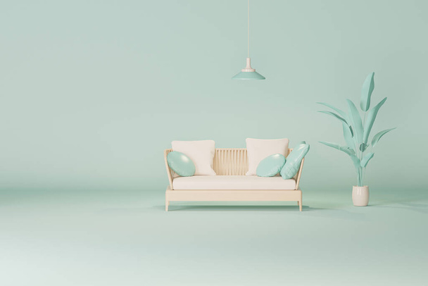 Creative composition. Interior of the room in pastel blue color with plant and sofa. Light background with copy space. 3D render for web page, presentation, studio. Healthy lifestyle - Foto, Imagen