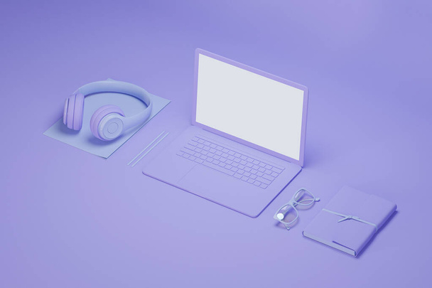 Пастельний фіолетовий монохромний мінімальний офісний стіл. Концепція навчального столу та робочого простору з ноутбуком, ноутбуком, навушниками. Плоский стиль. Шаблон макету. Дуже опуклий фон. 3d візуалізація
 - Фото, зображення