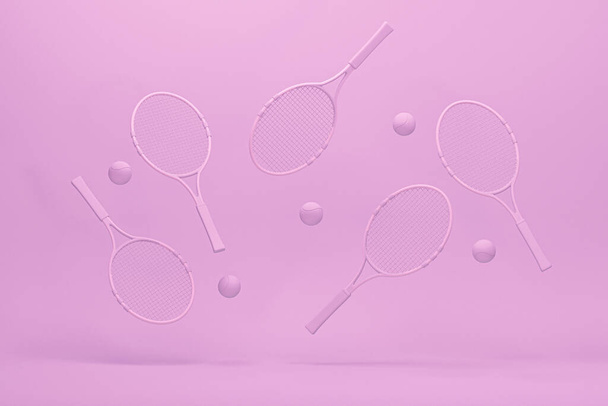 Tennis racket met ballen op pastel roze en koraal achtergrond. Trendy 3d render voor fitness. Minimale samenstelling voor sport en gezond concept. - Foto, afbeelding