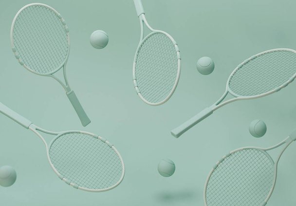 Tennisracket met ballen op pastelblauwe en groene achtergrond. Trendy 3d render voor fitness. Minimale samenstelling voor sport en gezond concept. - Foto, afbeelding
