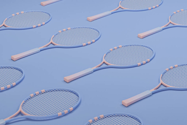 Tenis raketi, pastel mavi ve mercan zeminli toplar. Formda kalmak için son moda 3D tasarım. Spor ve sağlıklı konsept için en düşük bileşim. - Fotoğraf, Görsel
