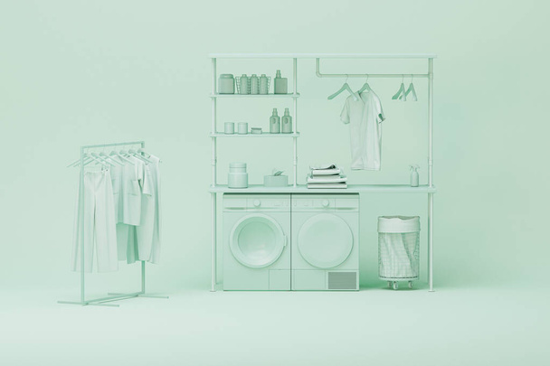 Máquina de lavar roupa e roupas em um cabide, prateleira de armazenamento em fundo verde monocromático. Conceito minimalista de equipamento de lavandaria. Renderização 3D na moda para banners de mídia social, estúdios, apresentações - Foto, Imagem